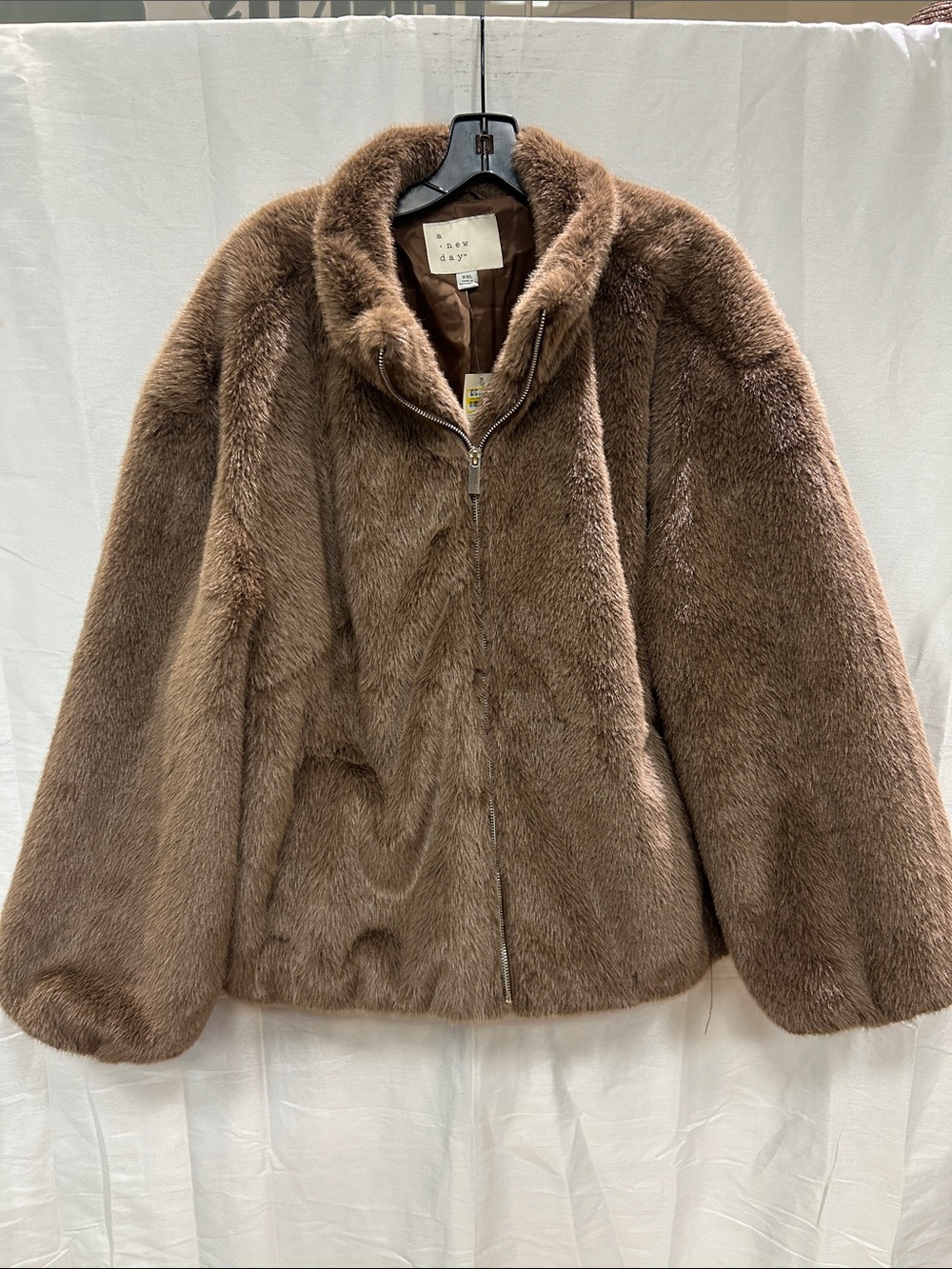 a new day Plush Faux Fur Zip-Front Jacket — Brown